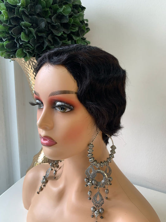 8 Inch Black Finger Wave Pixie Cut